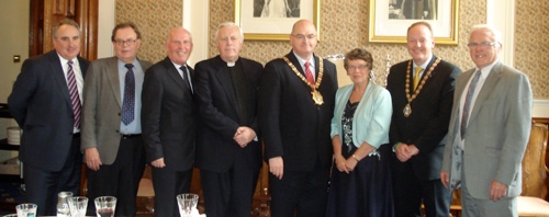 At the luncheon in Belfast City Hall are, from left:  Mr Peter McNanney, Chief Executive, Cllr Tom Hartley, Cllr Jim Rodgers, Dean Houston McKelvey, Lord Mayor Cllr Pat Convery, Mrs McKelvey, Deputy Lord Mayor Cllr William Humphries and Cllr Tom Eakin.